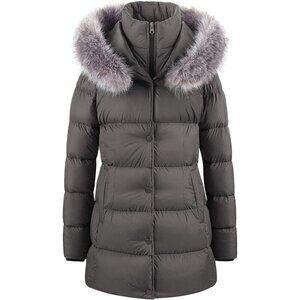 Women's Gray Long Snow Puffer Jacket Coat Removable Faux Fur Trim Winter Warm